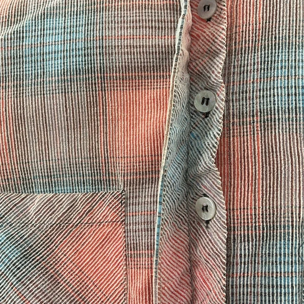 We‎ The Free Faded Plaid Corduroy Button Up Shirt Coral Blue Frayed Hem Peplum M